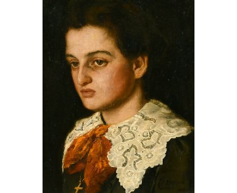 German School 19th Century, Portrait of a young lady wearing  dress with a lace collar, oil on canvas laid on panel, indistin