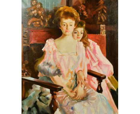 20th Century, Portrait of two young ladies seated in an interior, oil on canvas, 30" x 25".