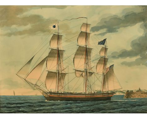 After Montardier Moore, French 1793-1860, 'Ship Bowditch', coloured lithograph, published by the Peabody Museum of Salem, 195