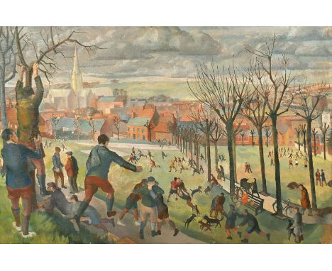 Geoffrey Underwood (1927-2000) British, a scene of children playing in a city park, oil on canvas, signed and dated 1957, add