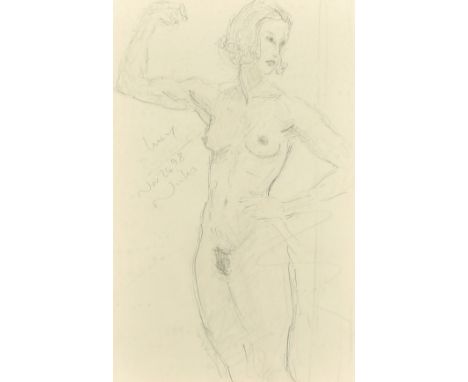 Kanwaldeep Singh Kang, signed Nicks (1964-2007) British, 'Lucy' a pencil sketch of a standing female nude holding her arm alo