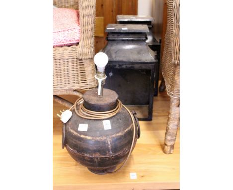 A metal lamp and pair of black painted wall light (af)