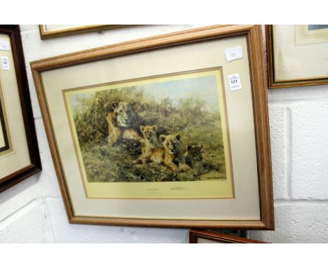 DAVID SHEPHERD "YOUNG AFRICAN LIONESS AND CUBS". Colour Print. Signed in Pencil, No. 310/850. Image 9ins x 13.5ins.