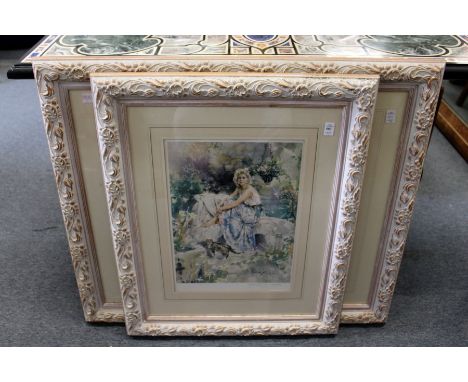 Young lady in a courtyard scene colour print and another similar