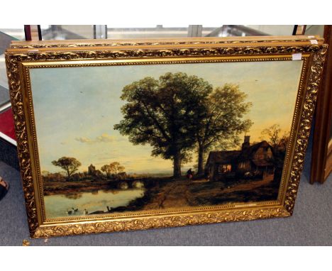 Rural landscape with a figure on horseback country cottage and trees by a river colour print on board together with another s