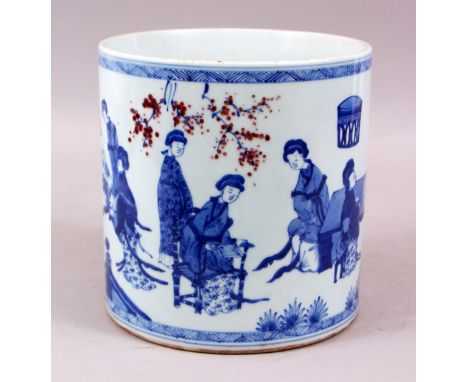 A LARGE CHINESE KANGXI STYLE BLUE &amp; WHITE PORCELAIN BRUSH POT, the body of the pot decorated with figures within a garden