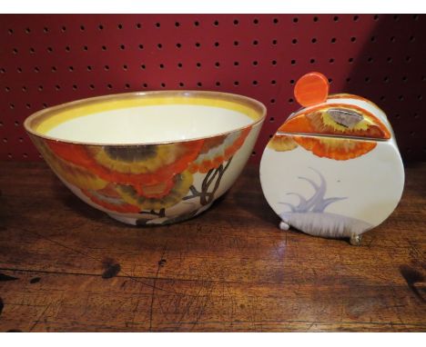A Clarice Cliff Bizarre Rhodanthe pattern Bonjour shape preserve pot and bowl (2) 