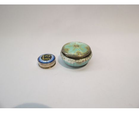 Two pill boxes, on pale blue enamel guilloche, silver gilt interior, the other Masonic, one marked 925