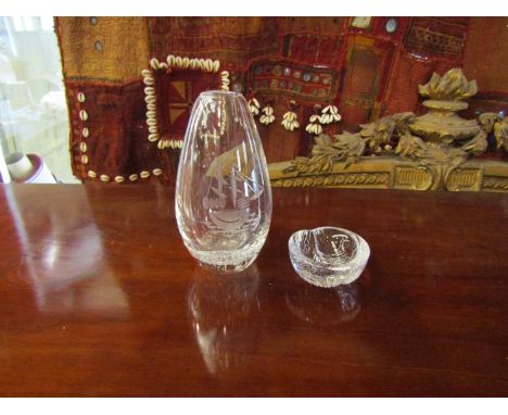 A heavy bottomed glass vase etched sailing boat and a glass pin dish reputedly Orrefors glass 