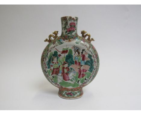 An early 19th Century Cantonese moon flask, neck damaged, 23cm tall 