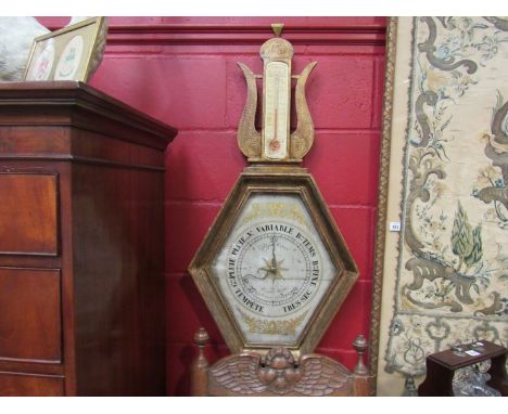 An unusual French gilt barometer with thermometer of lozenge and lyre form, face inscribed Gregoire Optician Successeur de Bi
