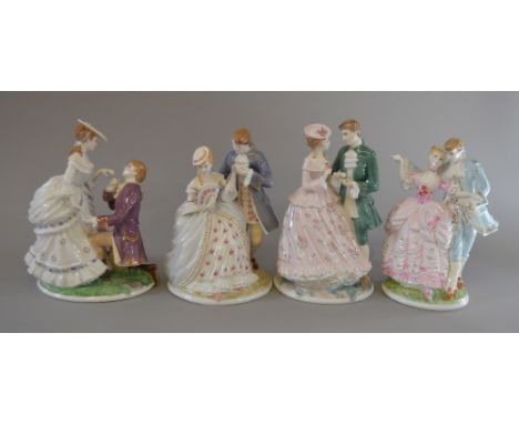 Four Royal Worcester The Age Of Courtship figures: The Flirtation 64/2450, The Betrothal 64/2450, The Fryst 64/2450, The Prop