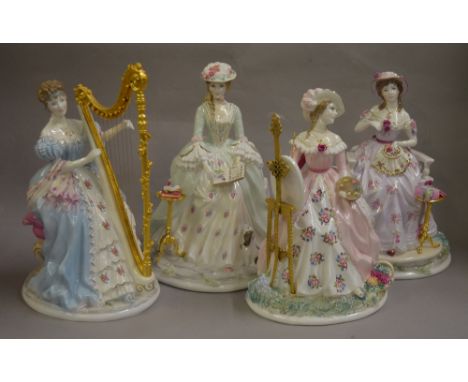 Complete set of four Royal Worcester figures from the Maureen Halson 'Graceful Arts' collection: 'Music'; 'Embroidery', 'Poet
