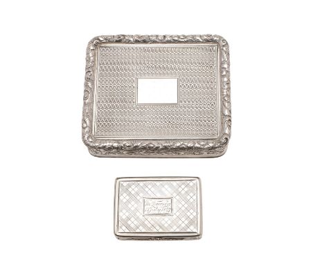 rounded rectangular form, with crosshatch engraving, a foliate thumbpiece and a pierced grille decorated with floral scrolls,