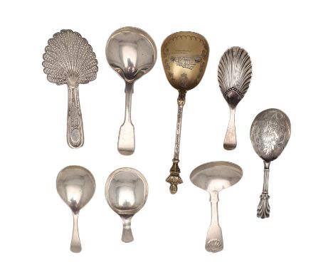 including a filigree example, unmarked, a George III caddy spoon, no makers mark and 6 others, mixed makers &amp; dates, toge