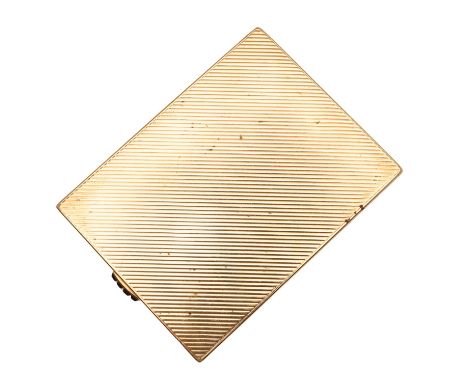 of rectangular form, with a sapphire-set button release and the whole decorated with diagonal lines, the interior engraved wi