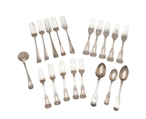 5 table forks, 5 dessert forks and a toddy ladle, King's pattern (single struck), by three different makers, Edinburgh 1836-4