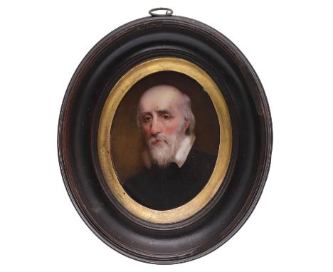 Miniature portrait of Roger Aschen with grey beard and wearing black jacket, enamel 7.25 x 5.75 cm.  *CR  Please contact Conn