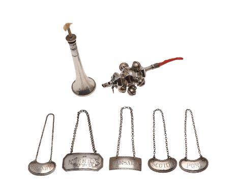 in the form of a horn, with a screw-out wick, by Walker &amp; Hall, Sheffield 1936, together with a George VI baby rattle wit