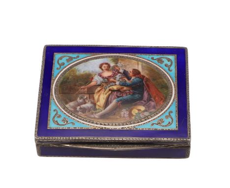 rectangular form, with bright-cut engraved borders,  the cover decorated with a romantic scene within an oval polychrome bord