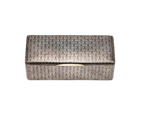 rectangular with rounded corners, the body decorated with geometric designs and the cover with an applied gold thumbpiece, gi