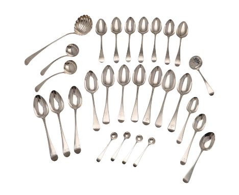 initialled on the terminals, London 1787, together with the following pieces of Old English flatware; 8 tablespoons, 3 desser