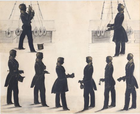 showing two officers on board ship, one holding a sextant, the other a log; below are five gentlemen, including one with a te