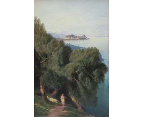 Signed and inscribed on a paper strip on the stretcher: `Corfu from the village of Ascension/ painted for Alfred Seymour Esqr