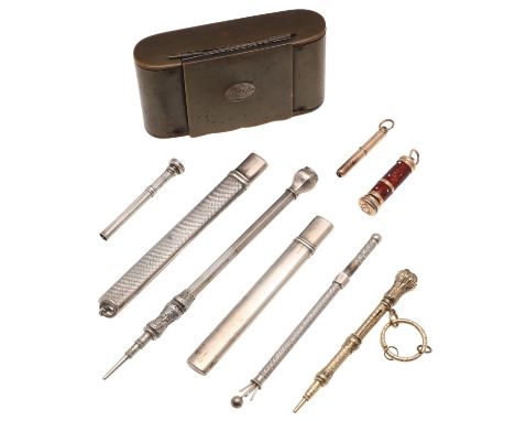 with an engine-turned body, a bloodstone-set terminal and applied suspensory ring, unmarked c.1900, together with a horn snuf