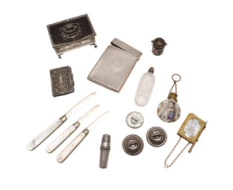 to include a Georgian mounted cut-glass scent flask, an engine-turned card case, a pair of Chinese miniature/ toy tureens &am