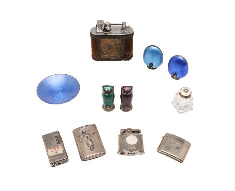 a pair of silver &amp; enamel peppers in the form of owls, a glass mounted pepper caster, a pair of silver &amp; blue enamel 