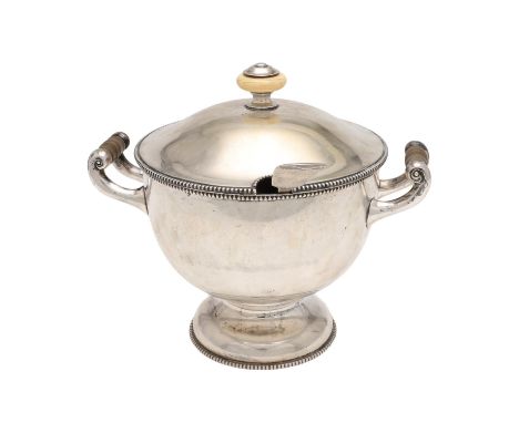 circular form, with bead borders, twin scroll handles and an ivory finial, makers mark "WH" above "H", together with a German