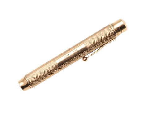 with a cylindrical body, engine-turned decoration and a button release, initialled "W.W", by Sampson Mordan &amp; Co., London