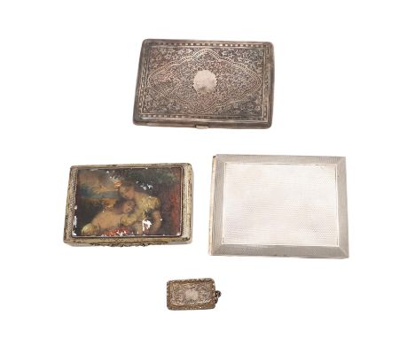 of rectangular form, with engine-turned decoration, a husk &amp; scroll thumbpiece and the cover inset with a painted panel o