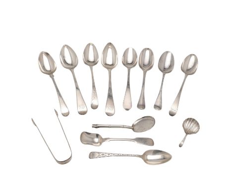 some pieces initialled or crested, mixed patterns, makers &amp; dates, 1732-1819, together with a Japanese spoon (lacking han