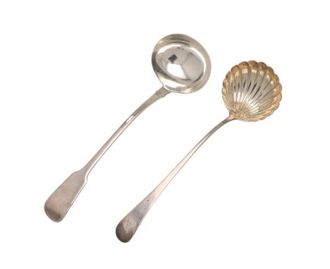 with a fluted bowl, crested, by John Lambe, London 1779, together with a George IV Fiddle pattern silver soup ladle, by John 