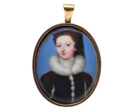 Miniature portrait of a lady , her black coat trimmed with white fur, enamel, 4 x 3.25.  *CR  Please contact Connor for furth