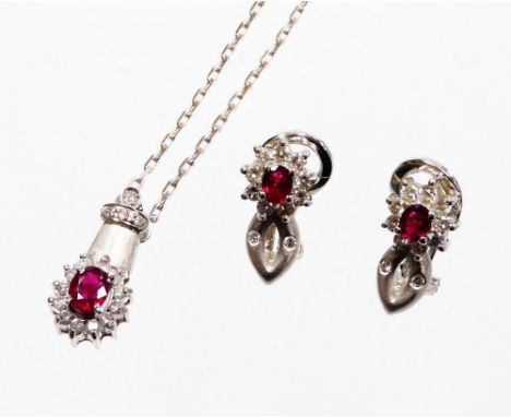 An 18ct white gold ruby and diamond jewellery suite, comprising earrings and necklace, each with brushed design loop, with a 