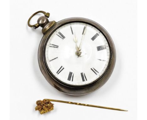 A Victorian silver pair cased pocket watch, with outer casing opening to reveal a convex watch front, on a white enamel dial 