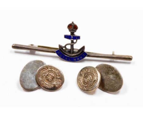 A pair of silver cufflinks, each with oval crest and bearing the Royal Fusilier's crest, together with a silver Royal Navy an