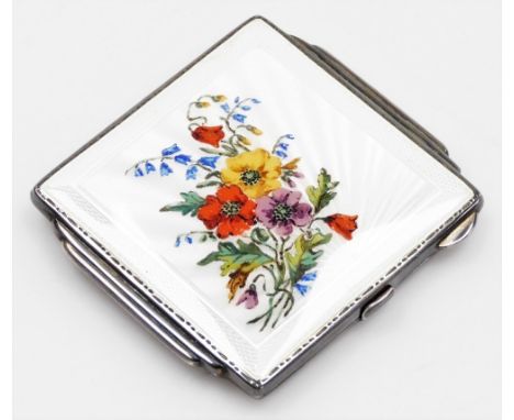 A George V silver and enamel compact, the square front with cream enamel and painted detailing of pansies and bluebells, open