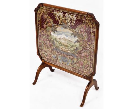 A walnut embroidered firescreen, for the Royal Windsor June 2nd 1953, also convertible to a table, 82cm high, 66cm wide.  