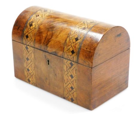 A late 19thC walnut tea caddy, with a domed and parquetry inlaid top, opening to reveal two lidded section, with a brass key 