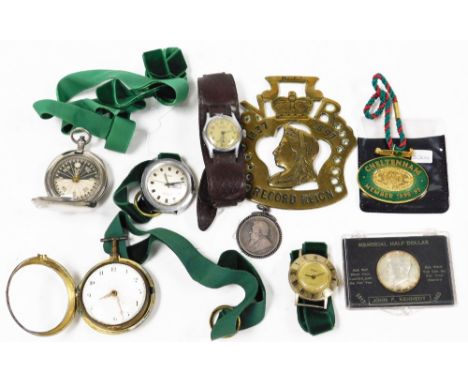 A group of watches and effects, comprising Timex stainless steel cased wristwatch, Latham leather cuff watch, compass, J F Ke
