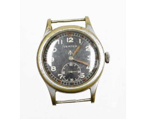 A Vertex military wristwatch head, on a black dial with seconds dial and military arrow, in a stainless steel case numbered 3