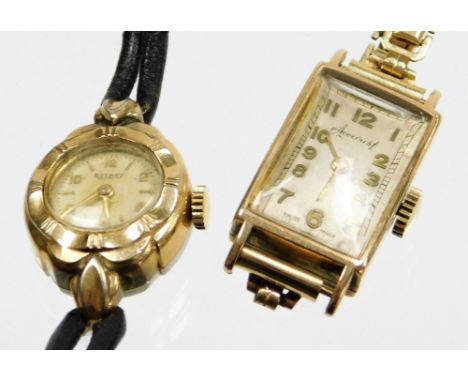 Two wristwatches, to include an Accurist 9ct gold ladies wristwatch, with rectangular watch head, on 9ct gold strap and case,