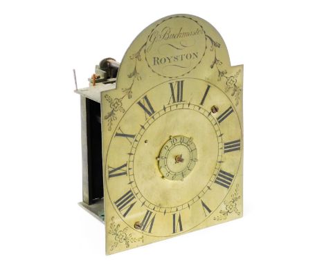 G Buckmister, Royston. An 18thC lantern clock, the brass plate front with Roman Numerals and central twelve day dial, 17.5cm 