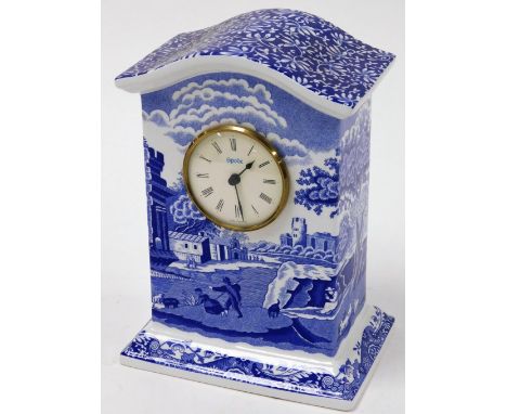 A Spode Italian blue and white mantel clock, limited edition number 10/1950, 20cm high, 15cm wide, 10cm deep.