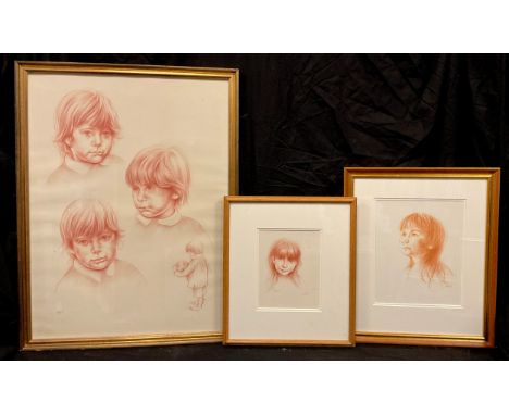 Joyce Wyatt, Portrait of a Young Boy, signed, red chalk on paper, 64.5cm x 47.5cm;  another pair, smaller, (3). 