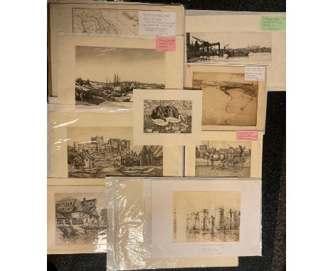 A folio of mostly early 20th century aquatints, engravings and dry points, all signed in pencil, comprising, Henry Wilkinson,